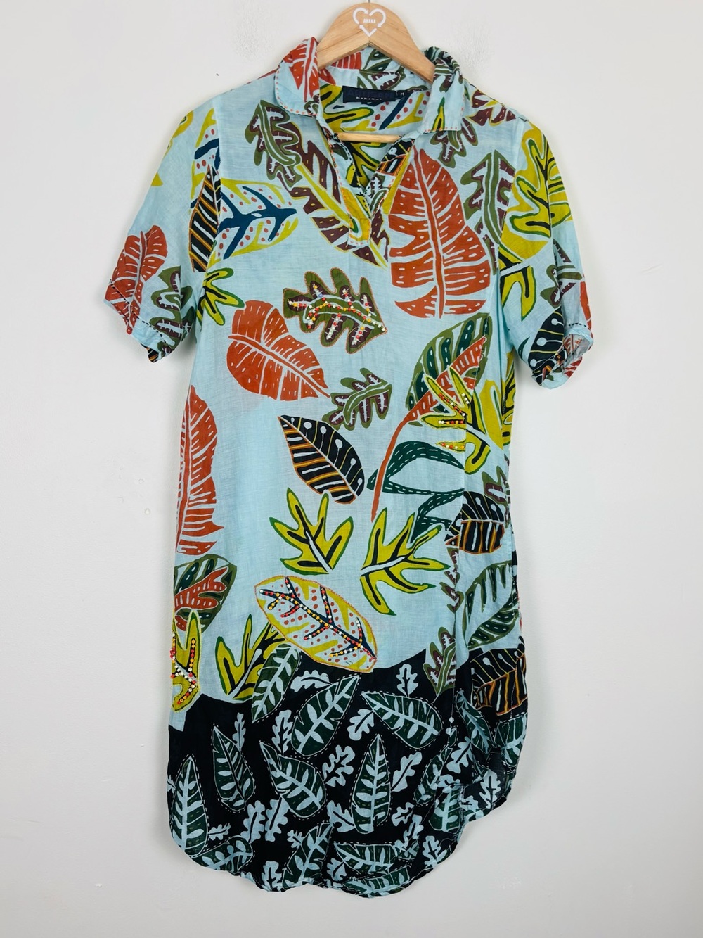 Artisan KikiSol Beaded Tropical Leaf Tunic Dress Resort M - Picture 2 of 9